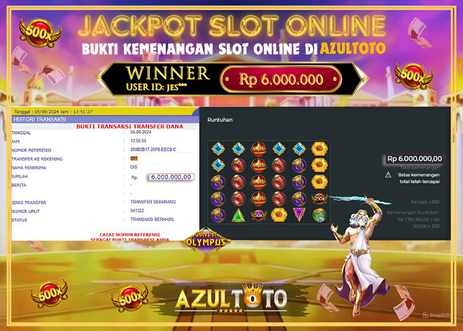 JACKPOT SLOT GATES OF OLYMPUS 1000 RP.6.000.000,- LUNAS DI AZULTOTO!