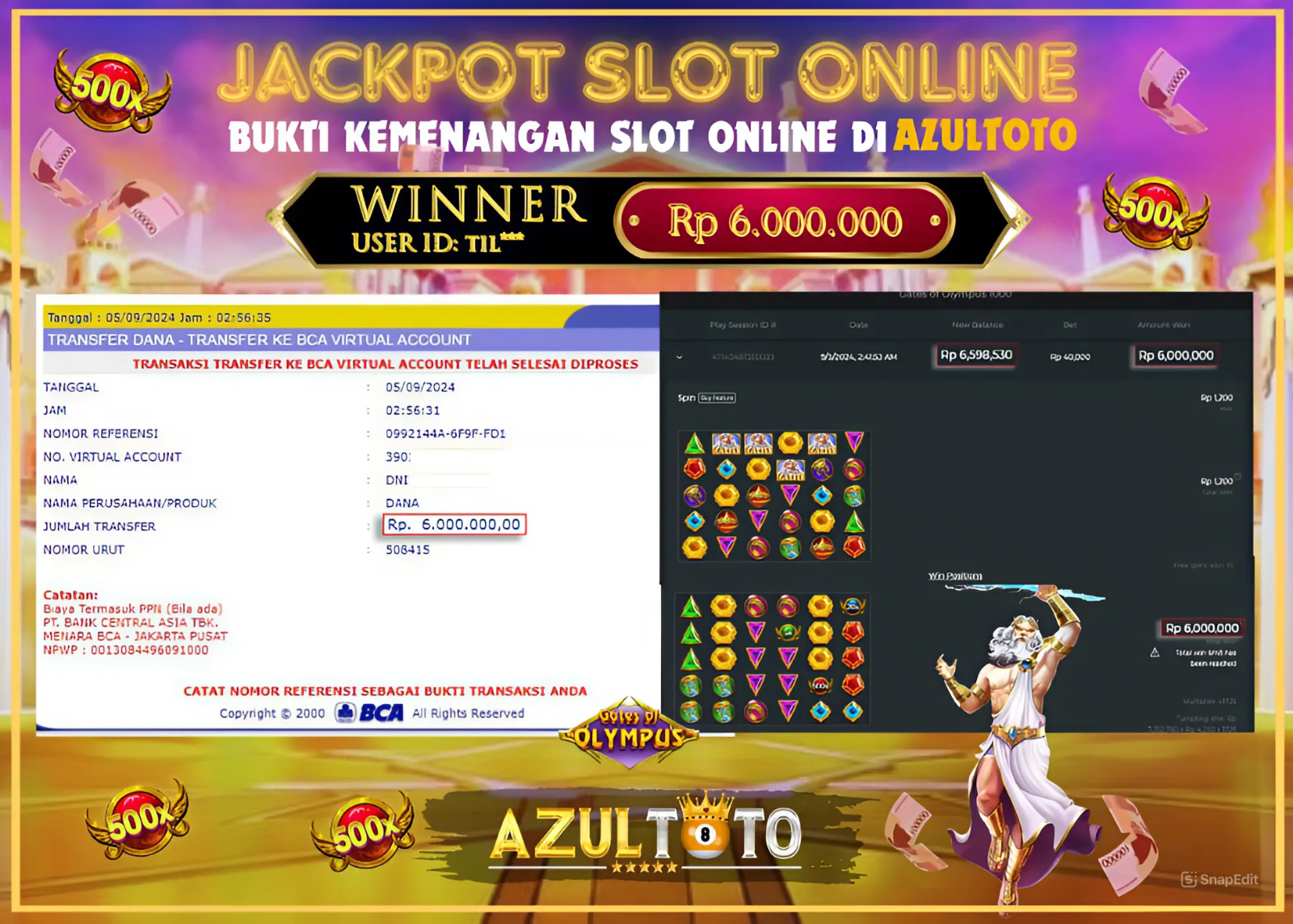 JACKPOT SLOT GATES OF OLYMPUS 1000 RP.6.000.000,- LUNAS DI AZULTOTO!