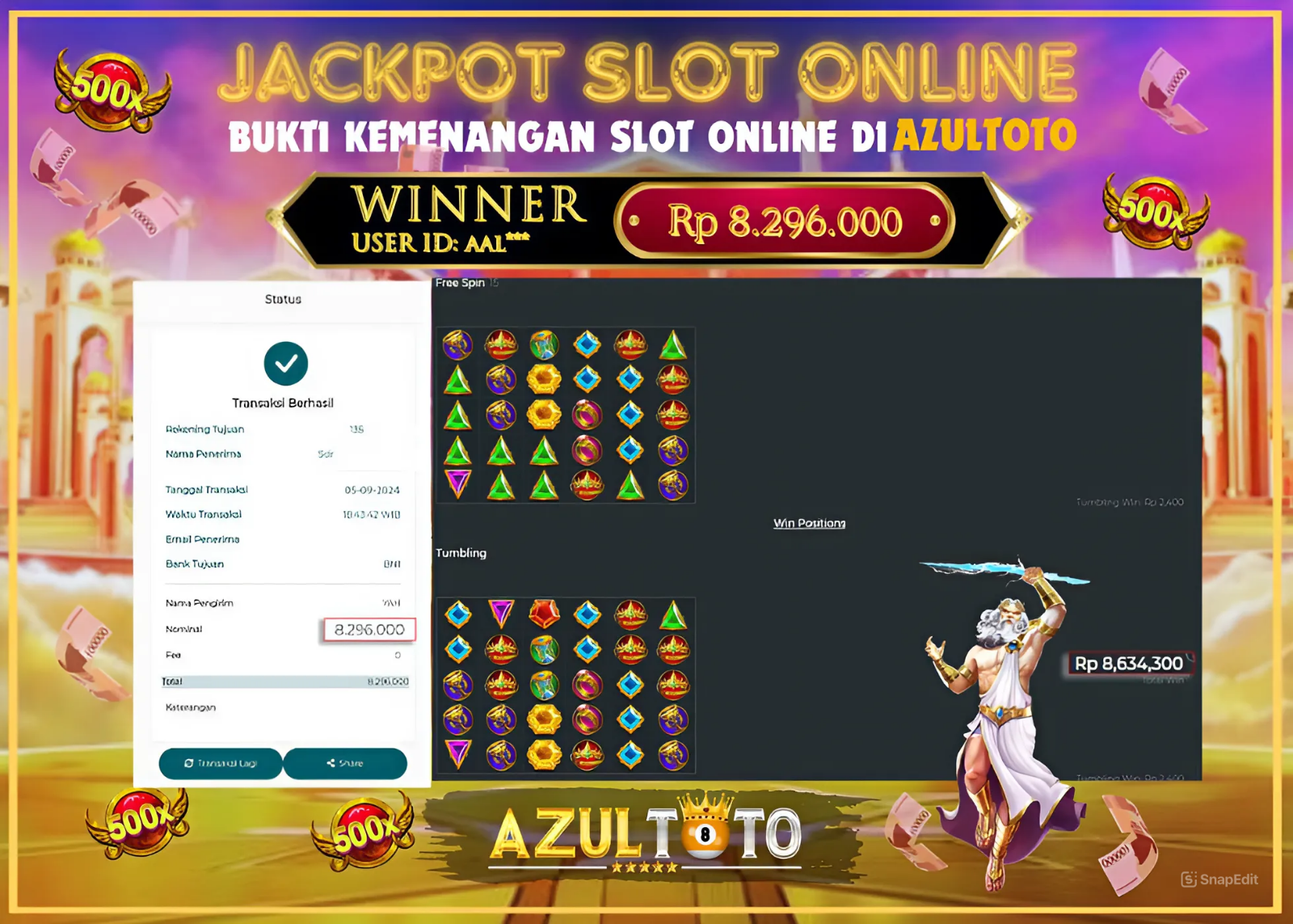 JACKPOT SLOT GATES OF OLYMPUS 1000 RP.8.296.000,- LUNAS DI AZULTOTO!