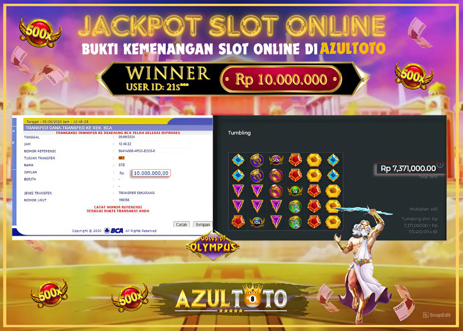 JACKPOT SLOT GATES OF OLYMPUS 1000 RP.10.000.000,- LUNAS DI AZULTOTO!