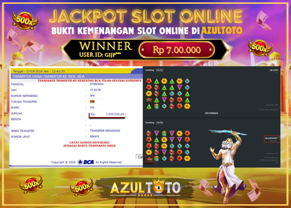 JACKPOT SLOT GATES OF OLYMPUS 1000 RP.7.000.000,- LUNAS DI AZULTOTO!