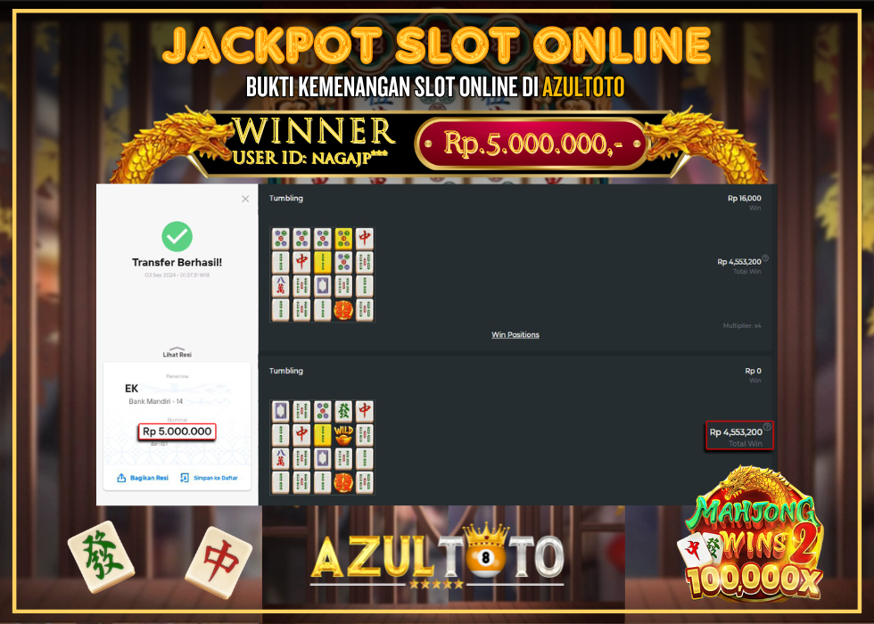 JACKPOT SLOT MAHJONG WINS 2 RP.5.000.000,- LUNAS DI AZULTOTO!
