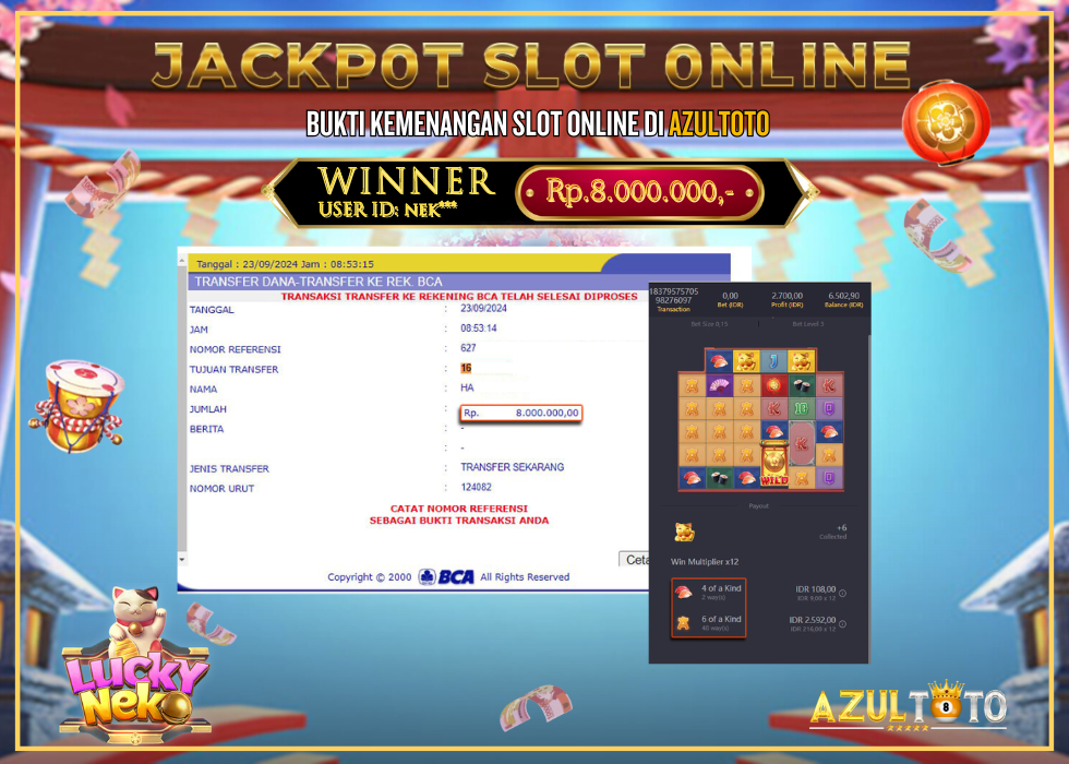 JACKPOT SLOT LUCKY NEKO RP.8.000.000,- LUNAS DI AZULTOTO!