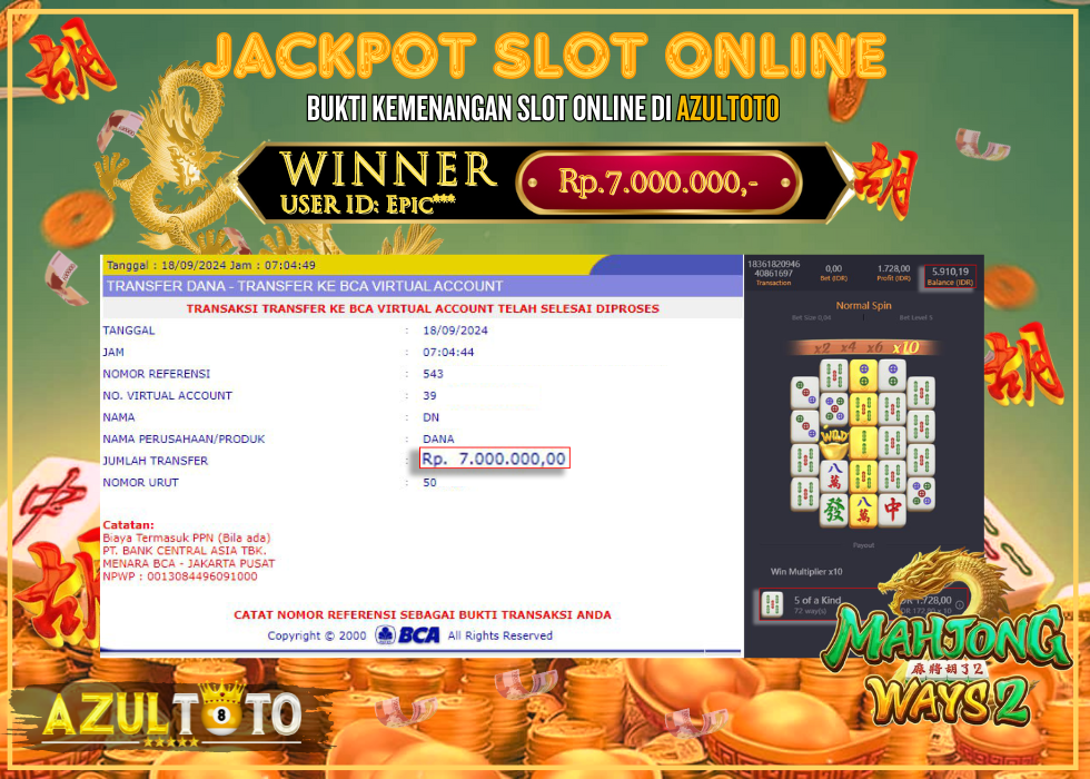 JACKPOT SLOT MAHJONG WAYS 2 RP.7.000.000,- LUNAS DI AZULTOTO!
