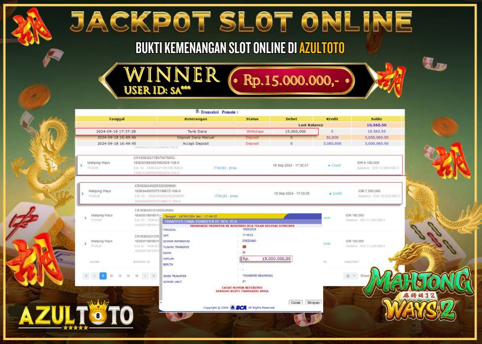 JACKPOT SLOT MAHJONG WAYS 2 RP.15.000.000,- LUNAS DI AZULTOTO!