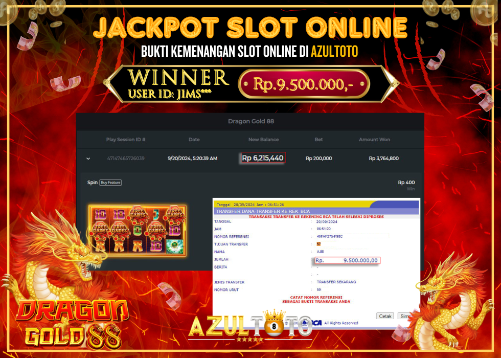 JACKPOT SLOT DRAGON GOLD88 RP.9.500.000,- LUNAS DI AZULTOTO!