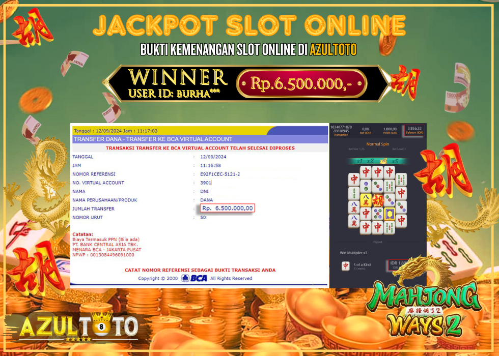 JACKPOT SLOT MAHJONG WAYS 2 RP.6.500.000,- LUNAS DI AZULTOTO!