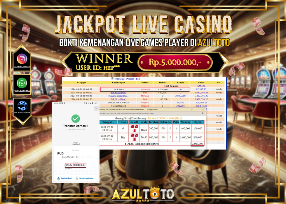 JACKPOT LIVE GAMES SICBO [DICE] RP.5.000.000,- LUNAS DI AZULTOTO!