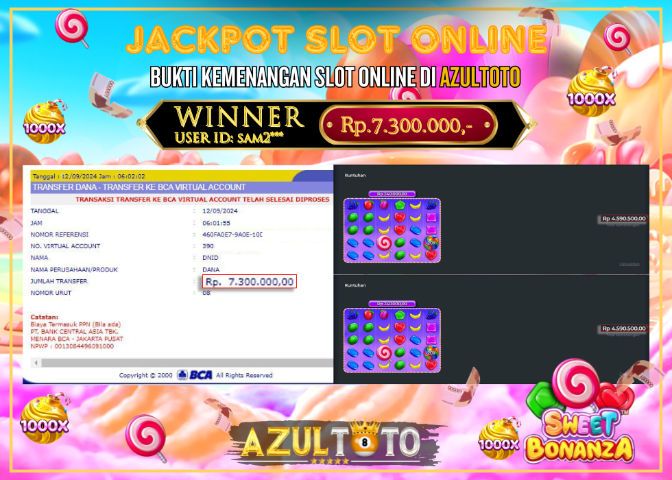 JACKPOT SLOT SWEET BONANZA 1000 RP.7.300.000,- LUNAS DI AZULTOTO!