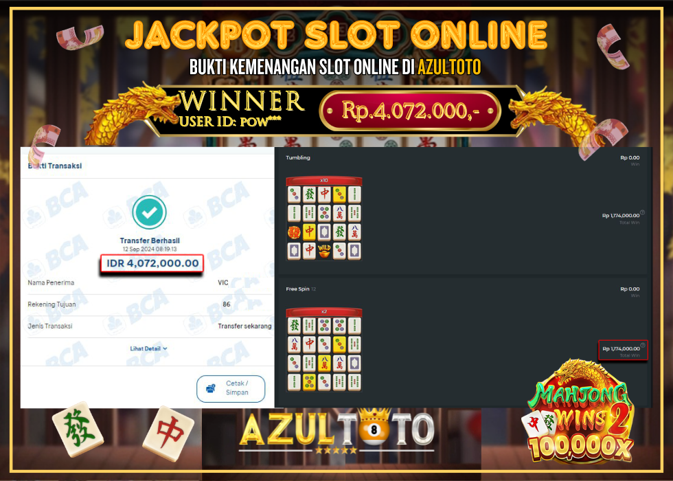 JACKPOT SLOT MAHJONG WINS 2 RP.4.072.000,- LUNAS DI AZULTOTO!