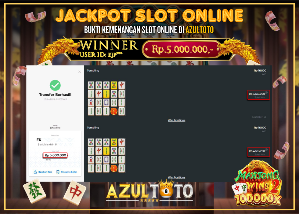 JACKPOT SLOT MAHJONG WINS 2 RP.5.000.000,- LUNAS DI AZULTOTO!