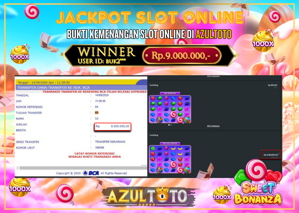 JACKPOT SLOT SWEET BONANZA 1000 RP.9.000.000,- LUNAS DI AZULTOTO!