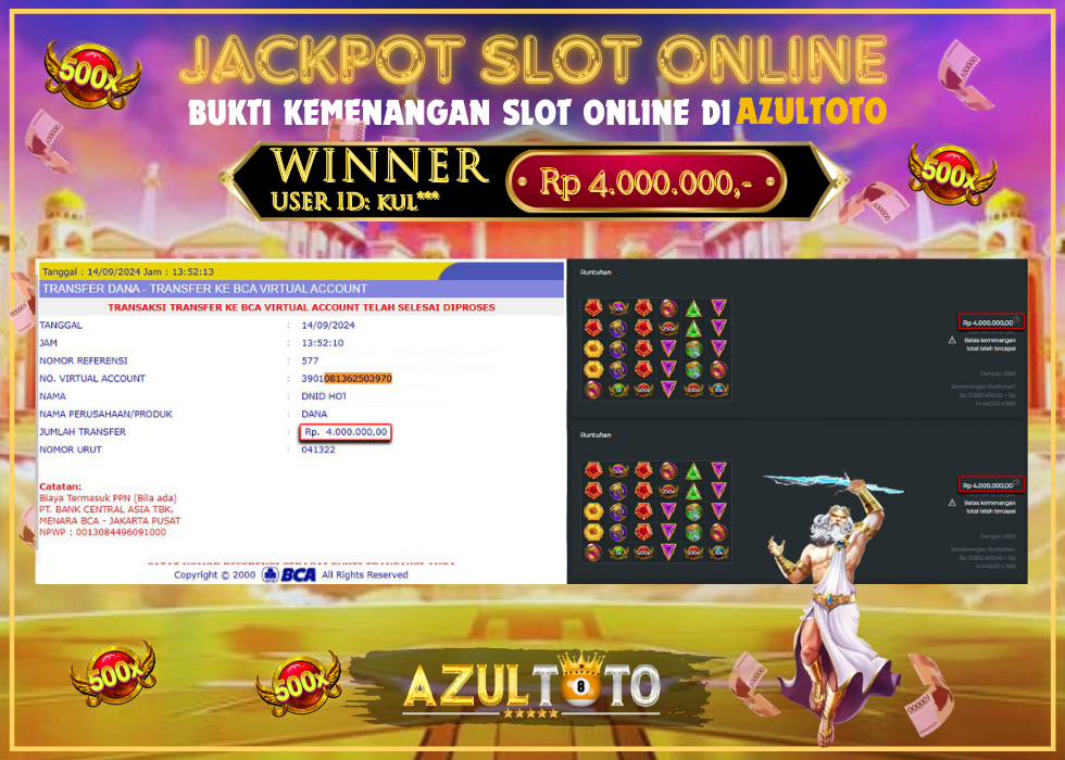 JACKPOT SLOT GATES OF OLYMPUS 1000 RP.4.000.000,- LUNAS DI AZULTOTO!
