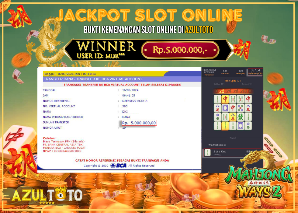 JACKPOT SLOT MAHJONG WAYS 2 RP.5.000.000,- LUNAS DI AZULTOTO!