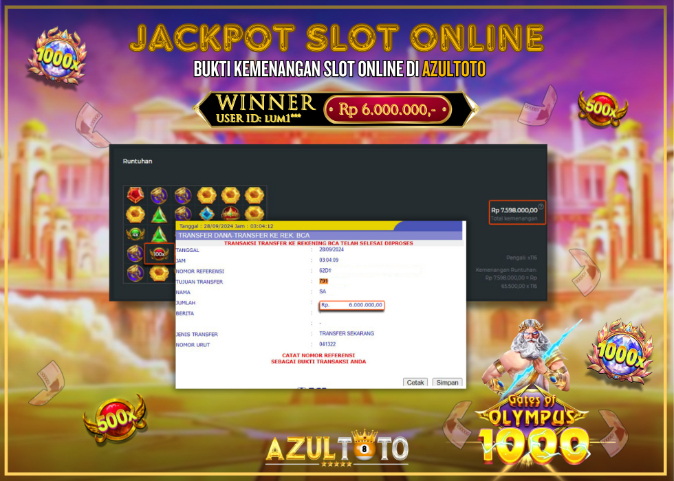 JACKPOT SLOT GATES OF OLYMPUS 1000 RP.6.000.000,- LUNAS DI AZULTOTO!