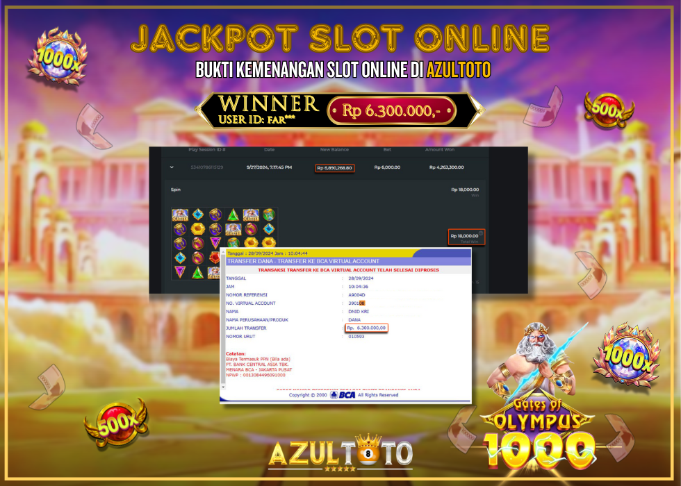 JACKPOT SLOT GATES OF OLYMPUS 1000 RP.6.300.000,- LUNAS DI AZULTOTO!