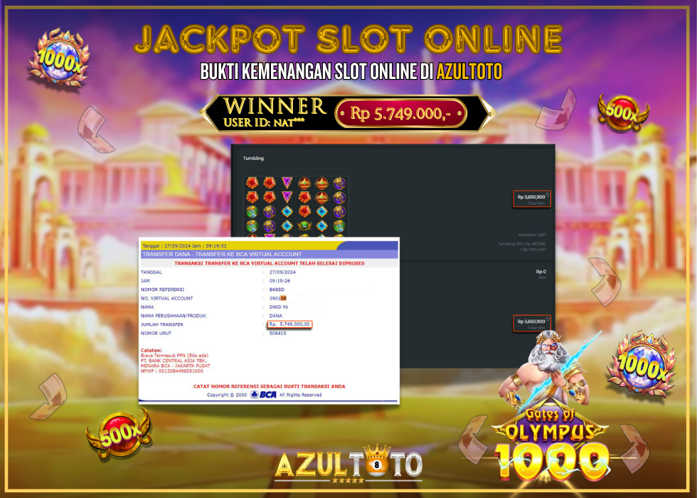 JACKPOT SLOT GATES OF OLYMPUS 1000 RP.5.749.000,- LUNAS DI AZULTOTO!