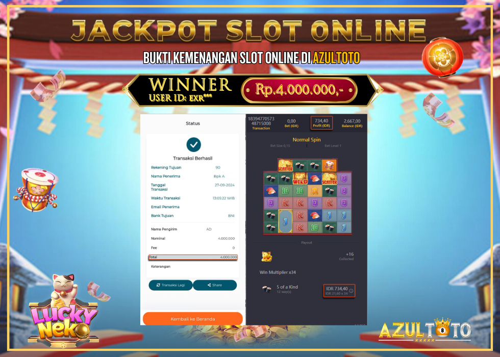 JACKPOT SLOT LUCKY NEKO RP.4.000.000,- LUNAS DI AZULTOTO!