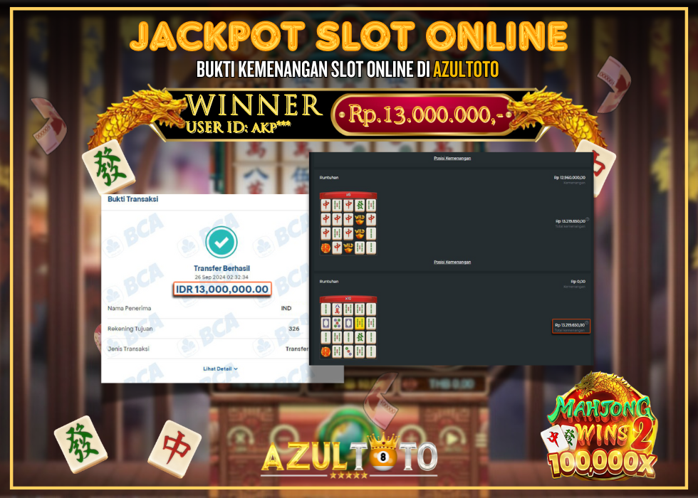 JACKPOT SLOT MAHJONG WINS 2 RP.13.000.000,- LUNAS DI AZULTOTO!
