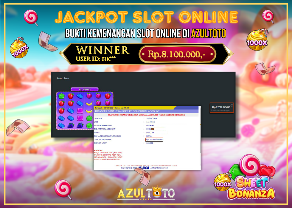 JACKPOT SLOT SWEET BONANZA 1000 RP.8.100.000,- LUNAS DI AZULTOTO!