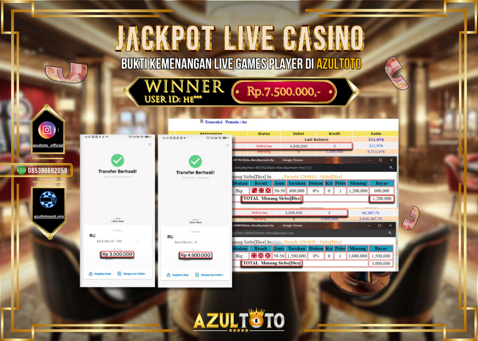 JACKPOT LIVE GAMES SICBO [DICE] RP.7.500.000,- LUNAS DI AZULTOTO!