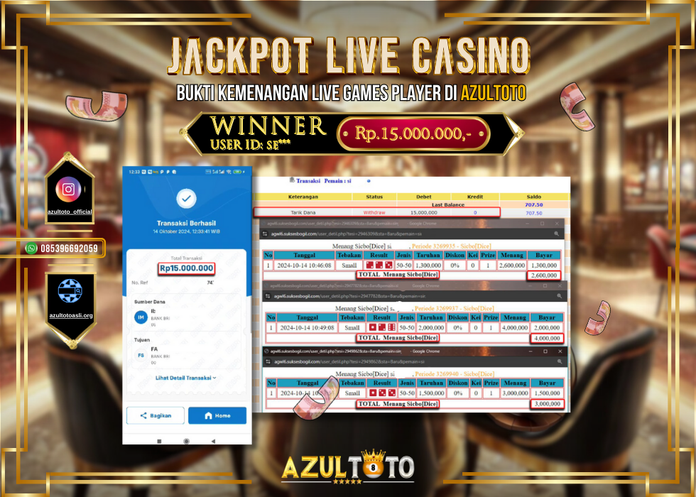 JACKPOT LIVE CASINO GAMES SICBO [DICE] RP.15.000.000,- LUNAS DI AZULTOTO!