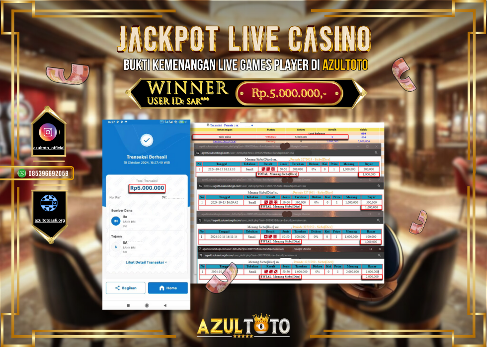 JACKPOT LIVE GAMES SICBO [DICE] RP.5.000.000,- LUNAS DI AZULTOTO!