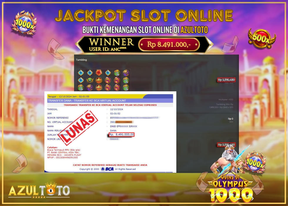 JACKPOT SLOT GATES OF OLYMPUS 1000 RP.8.491.000,- LUNAS DI AZULTOTO!