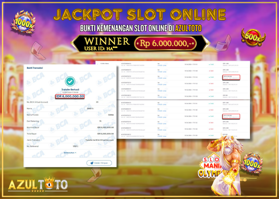 JACKPOT SLOT MANIA OLYMPUS RP.6.000.000,- LUNAS DI AZULTOTO!