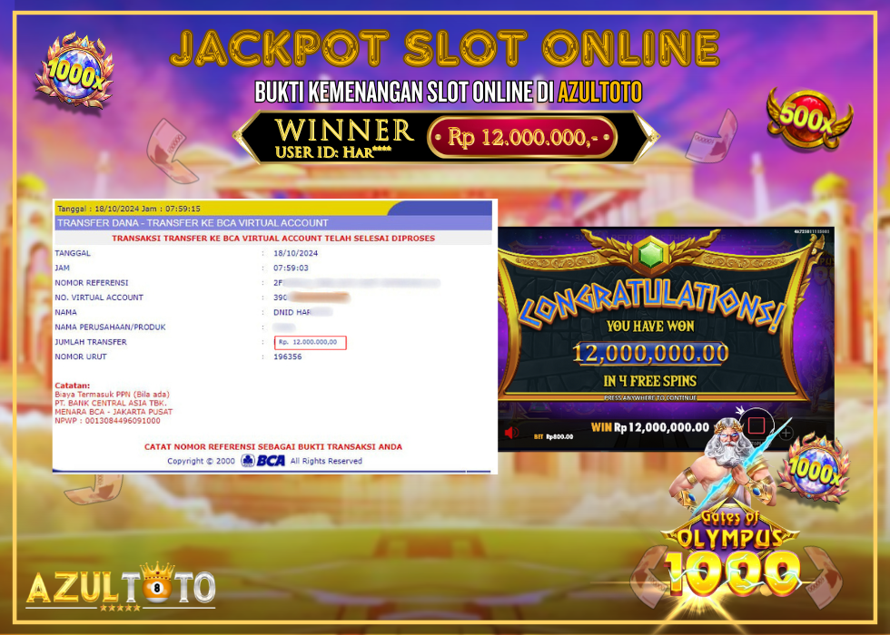 JACKPOT SLOT GATES OF OLYMPUS 1000 RP.12.000.000,- LUNAS DI AZULTOTO!