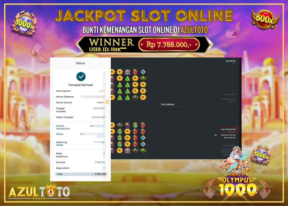 JACKPOT SLOT GATES OF OLYMPUS 1000 RP.7.788.000,- LUNAS DI AZULTOTO!