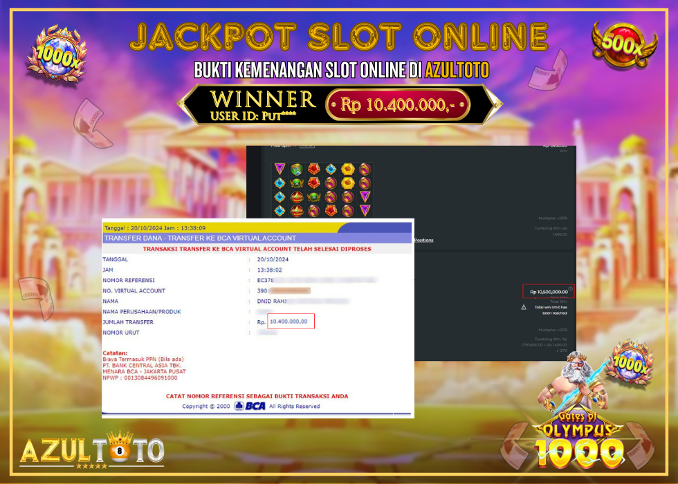 JACKPOT SLOT GATES OF OLYMPUS 1000 RP.10.400.000,- LUNAS DI AZULTOTO!