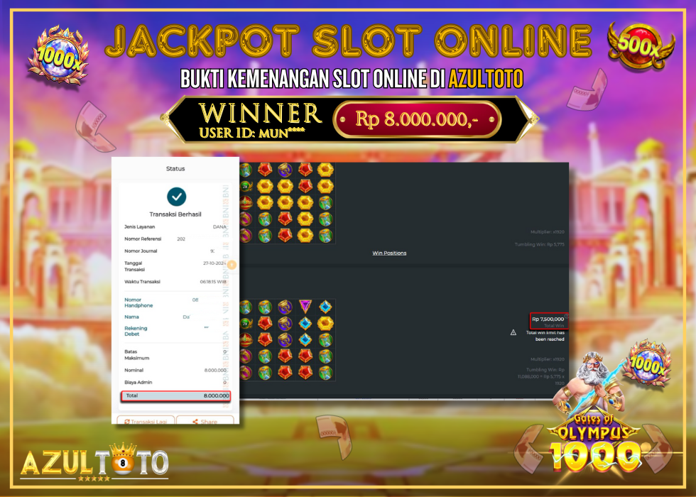 JACKPOT SLOT GATES OF OLYMPUS 1000 RP.8.000.000,- LUNAS DI AZULTOTO!