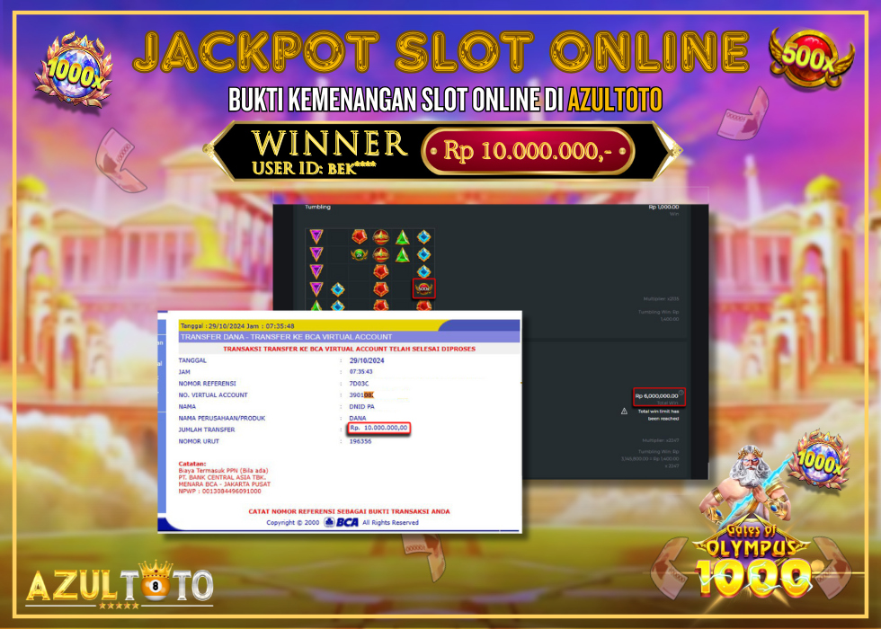 JACKPOT SLOT GATES OF OLYMPUS 1000 RP.10.000.000,- LUNAS DI AZULTOTO!