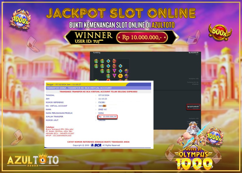 JACKPOT SLOT GATES OF OLYMPUS 1000 RP.10.000.000,- LUNAS DI AZULTOTO!