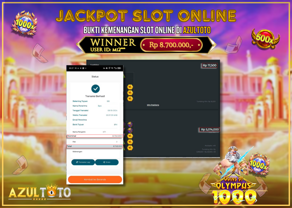 JACKPOT SLOT GATES OF OLYMPUS 1000 RP.8.700.000,- LUNAS DI AZULTOTO!