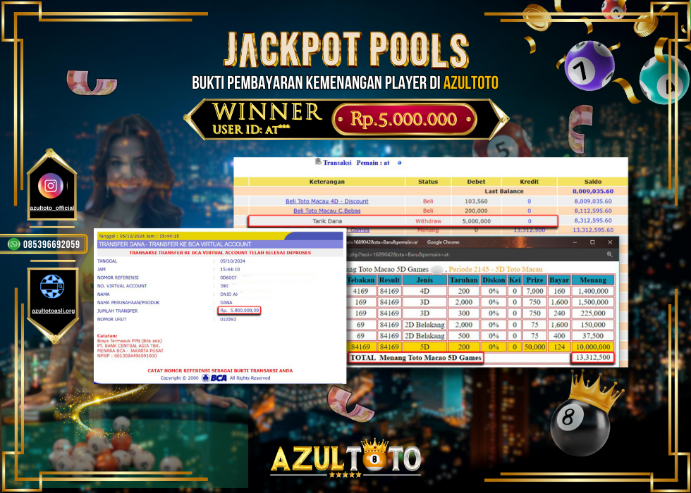 JACKPOT TOGEL POOL TOTO MACAO 5D GAMES RP.5.000.000,- LUNAS DI AZULTOTO!