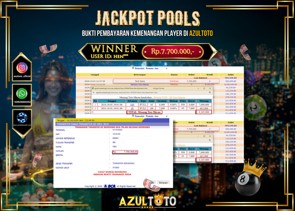 JACKPOT TOGEL POOL TOTO MACAO RP.7.700.000,- LUNAS DI AZULTOTO!