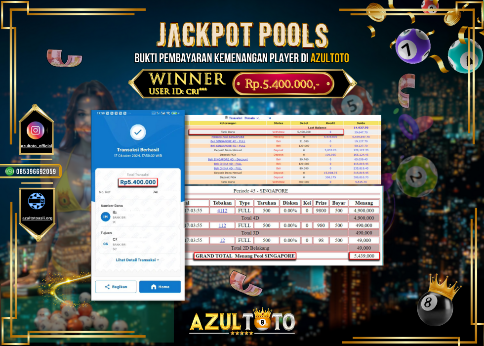 JACKPOT TOGEL POOL SINGAPORE RP.5.400.000,- LUNAS DI AZULTOTO!