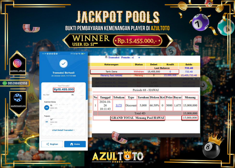 JACKPOT TOGEL POOL HAWAI RP.15.455.000,- LUNAS DI AZULTOTO!