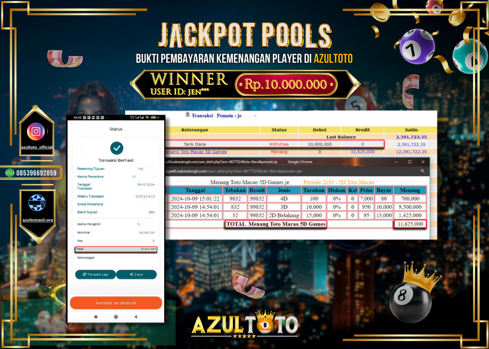 JACKPOT POOL TOTO MACAO 5D GAMES RP.10.000.000,- LUNAS DI AZULTOTO!