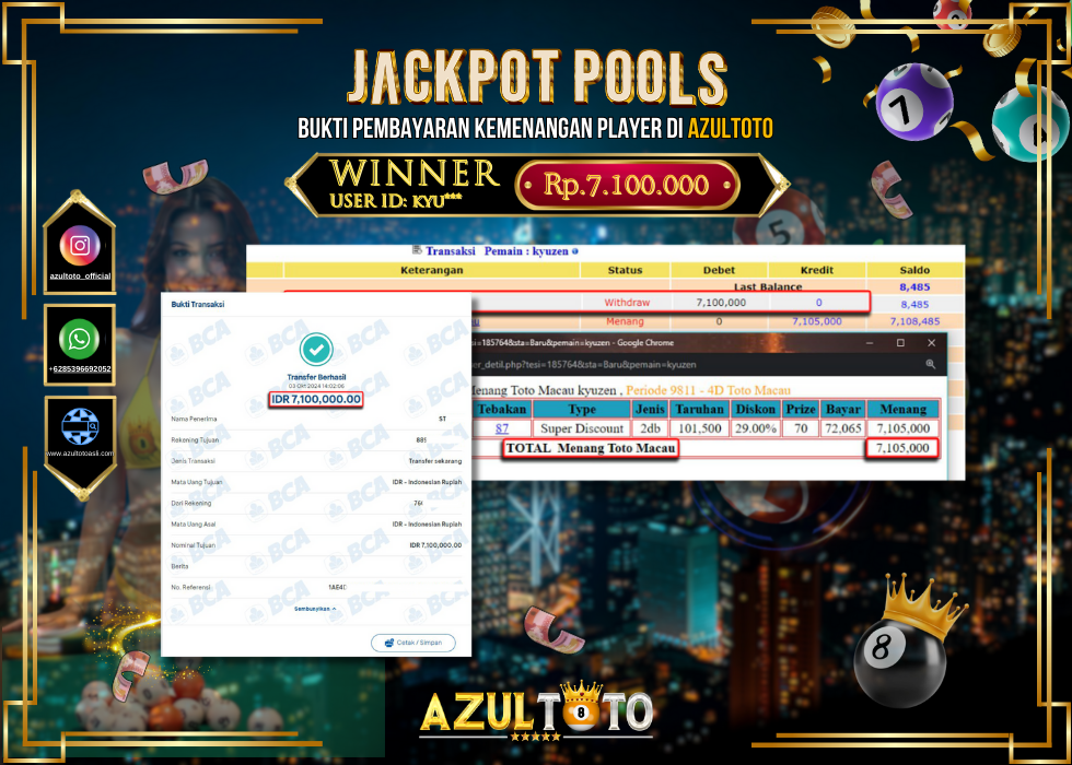 JACKPOT TOGEL POOL TOTO MACAU RP.7.100.000,- LUNAS DI AZULTOTO!