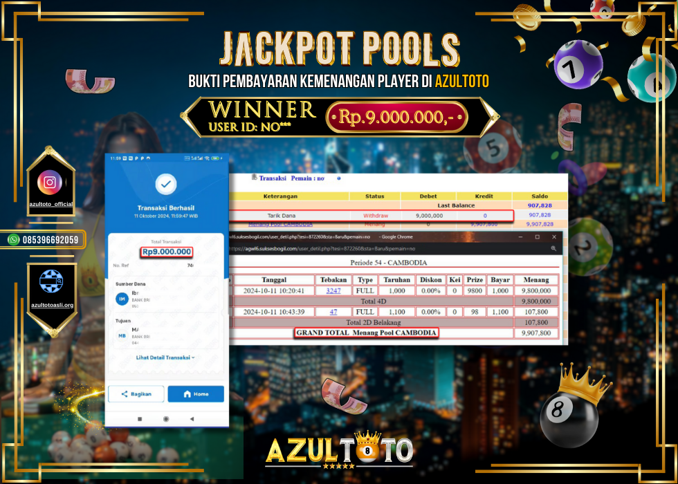 JACKPOT TOGEL POOL CAMBODIA RP.9.000.000,- LUNAS DI AZULTOTO!