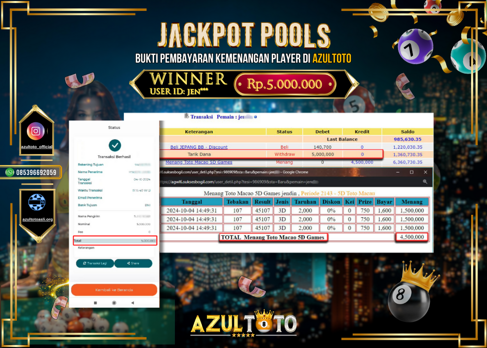 JACKPOT TOGEL POOL TOTO MACAO 5D GAMES RP.5.000.000,- LUNAS DI AZULTOTO!
