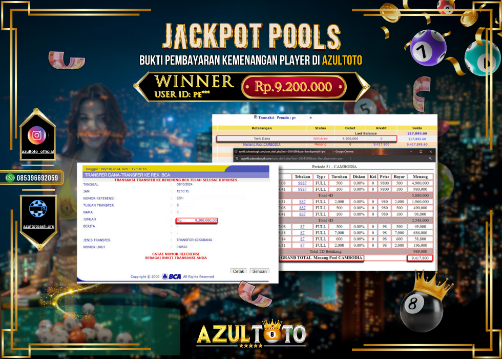 JACKPOT TOGEL POOL CAMBODIA RP.9.200.000,- LUNAS DI AZULTOTO!