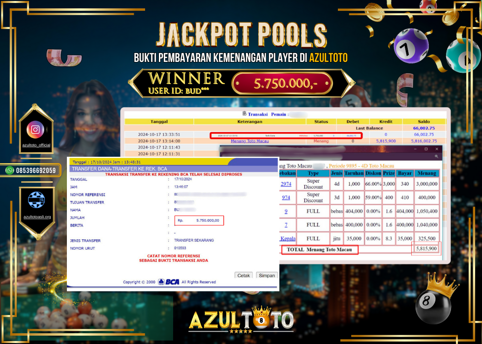 JACKPOT TOGEL TOTO MACAU RP.5.750.000,- LUNAS DI AZULTOTO!