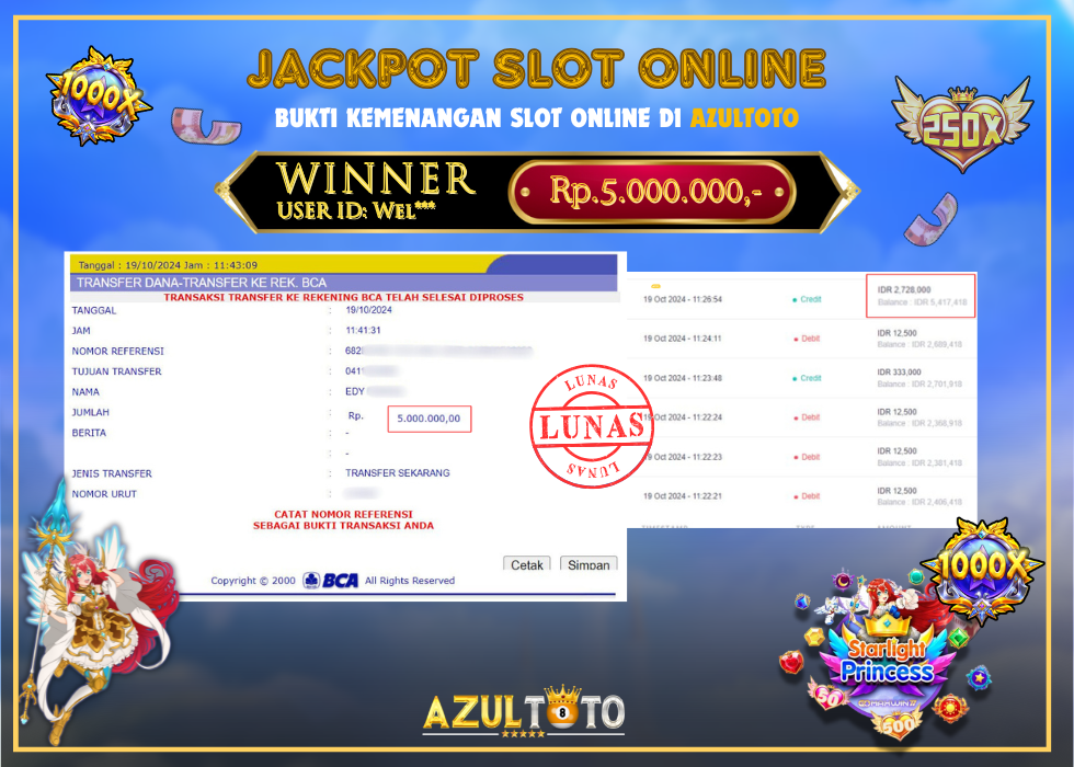 JACKPOT SLOT STARLIGHT PRINCESS 1000 RP.5.000.000,- LUNAS DI AZULTOTO!