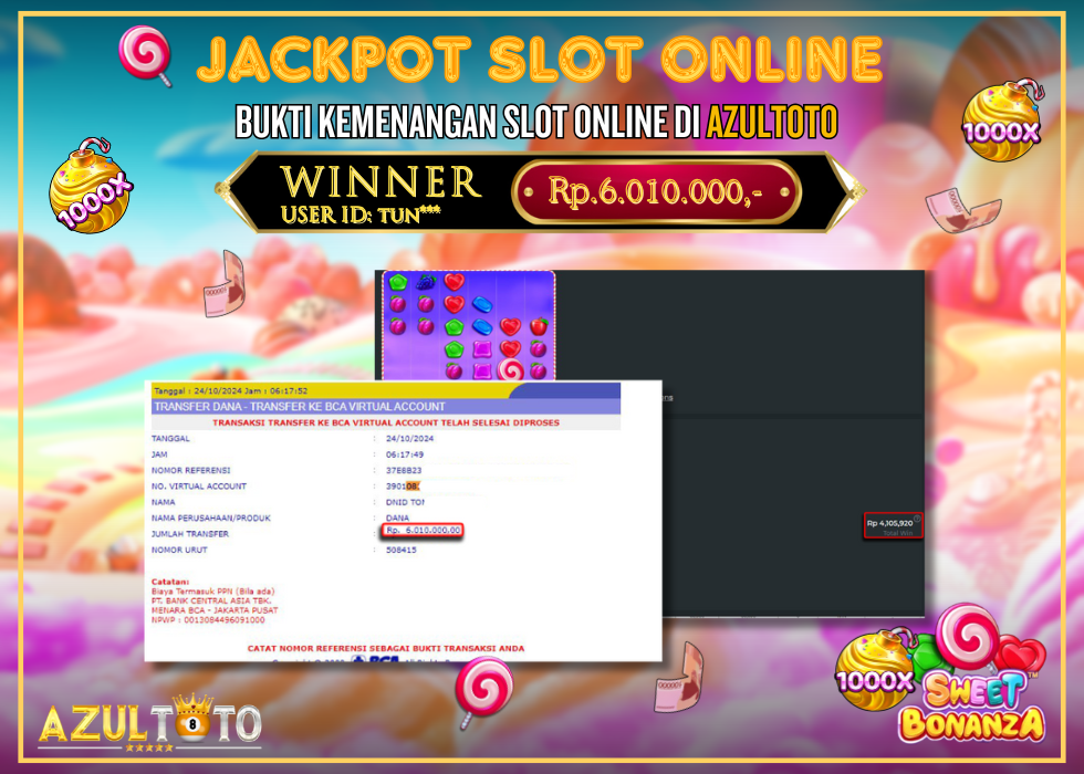 JACKPOT SLOT SWEET BONANZA 1000 RP.6.010.000,- LUNAS DI AZULTOTO!