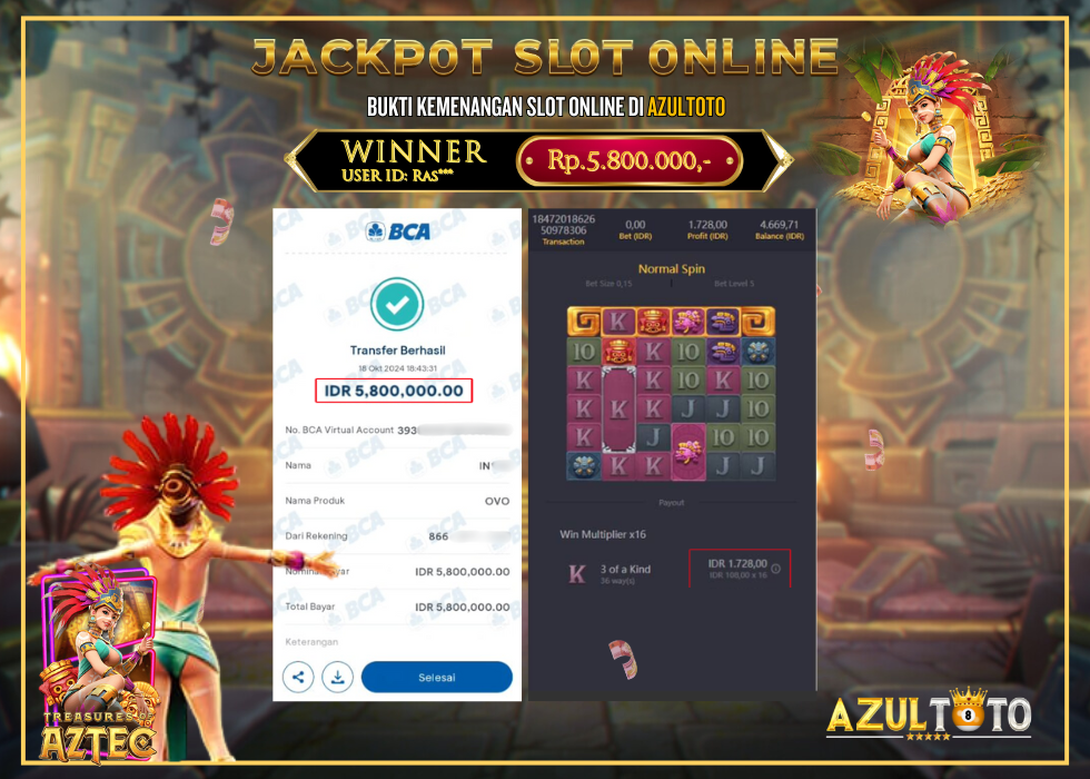 JACKPOT SLOT TREASURE OF AZTEC RP.5.800.000,- LUNAS DI AZULTOTO!
