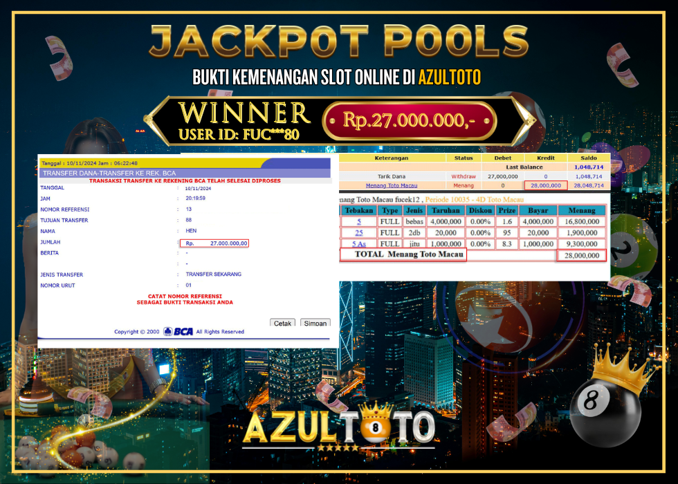 JACKPOT TOGEL TOTOMACAU 4D RP.27.000.000,- LUNAS DI AZULTOTO!